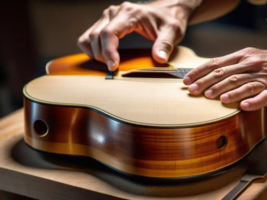 Un artesano crea con precisión una guitarra flamenca en un taller cálido, reflejando el impacto de la música gitana en América Latina