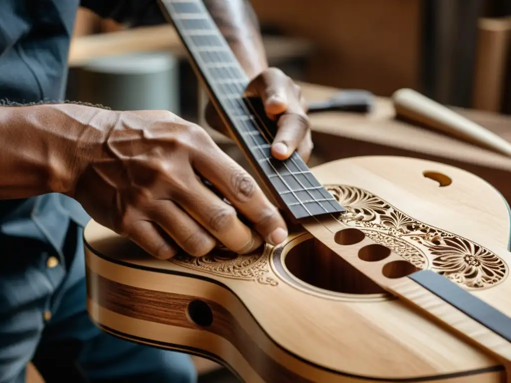 Artesano tallando con precisión una guitarra sostenible, resaltando el proceso de creación de guitarras sostenibles con dedicación artística