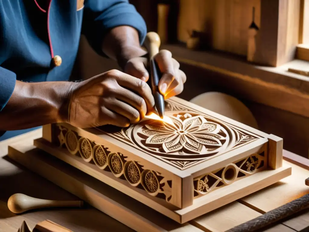 Artesano tallando con precisión una HurdyGurdy, destacando la dedicación y la historia de su construcción artesanal y sonido único