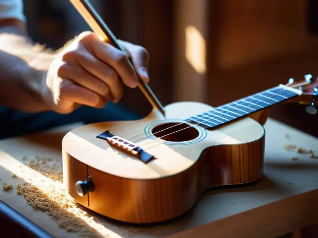 Un artesano luthier tallando con precisión un ukelele en el Indie Pop, destacando la dedicación y arte en la creación del instrumento