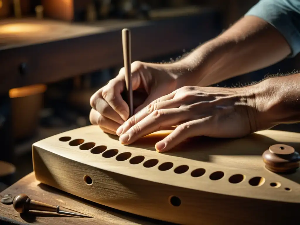 Un artesano restaura con precisión un instrumento musical vintage en su taller