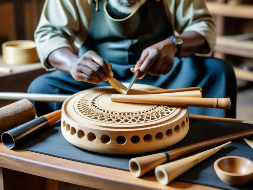 Un artesano hábil talla con precisión un instrumento musical tradicional, resaltando la importancia de estos instrumentos