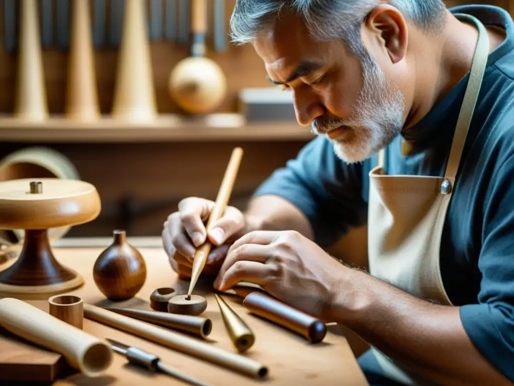 Un artesano hábil crea con precisión un instrumento de viento de madera en un taller iluminado, rodeado de herramientas y materiales