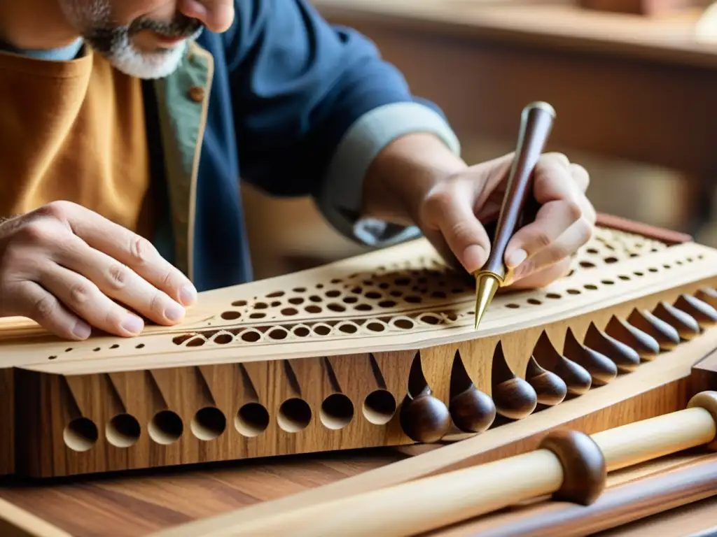 Un artesano restaura con precisión una intrincada obra de madera en un instrumento musical histórico