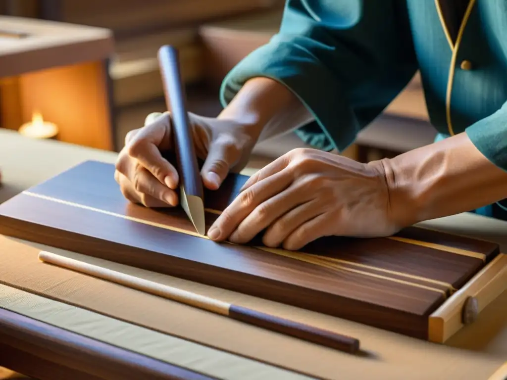 Artesano tallando con precisión un koto japonés, en un taller iluminado por luz natural