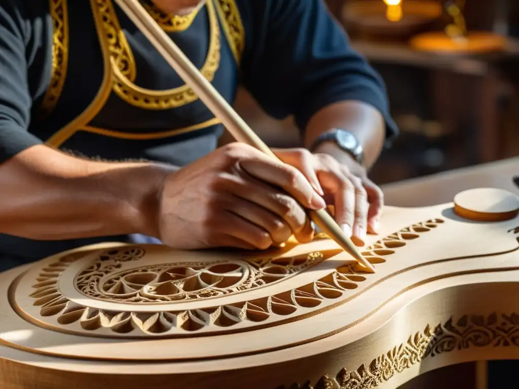 Un artesano luthier restaurando con precisión un lirone renacentista, mostrando dedicación y maestría en la preservación de la historia de las cuerdas