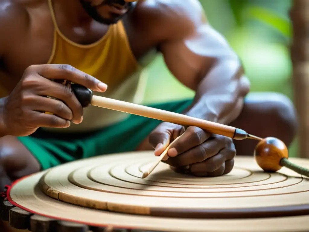 Artesano tallando con precisión la madera para construir un berimbau, mostrando la importancia del berimbau en capoeira