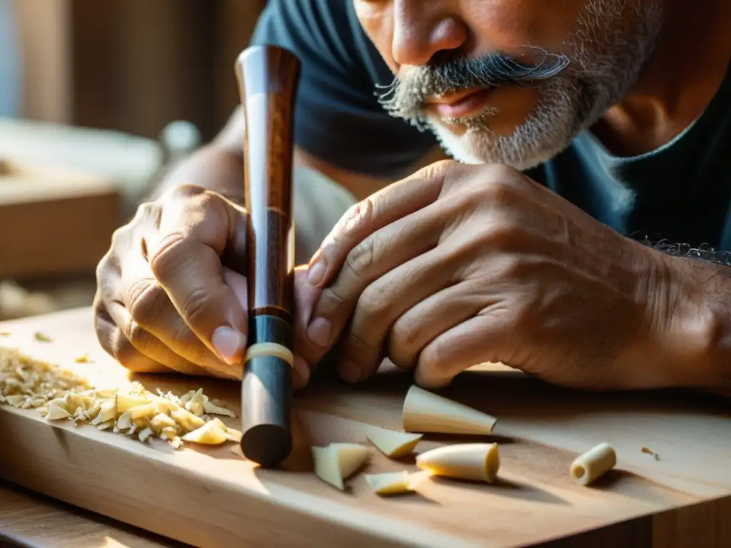 Artesano tallando con precisión una madera de granadillo para la construcción y sonido de oboes