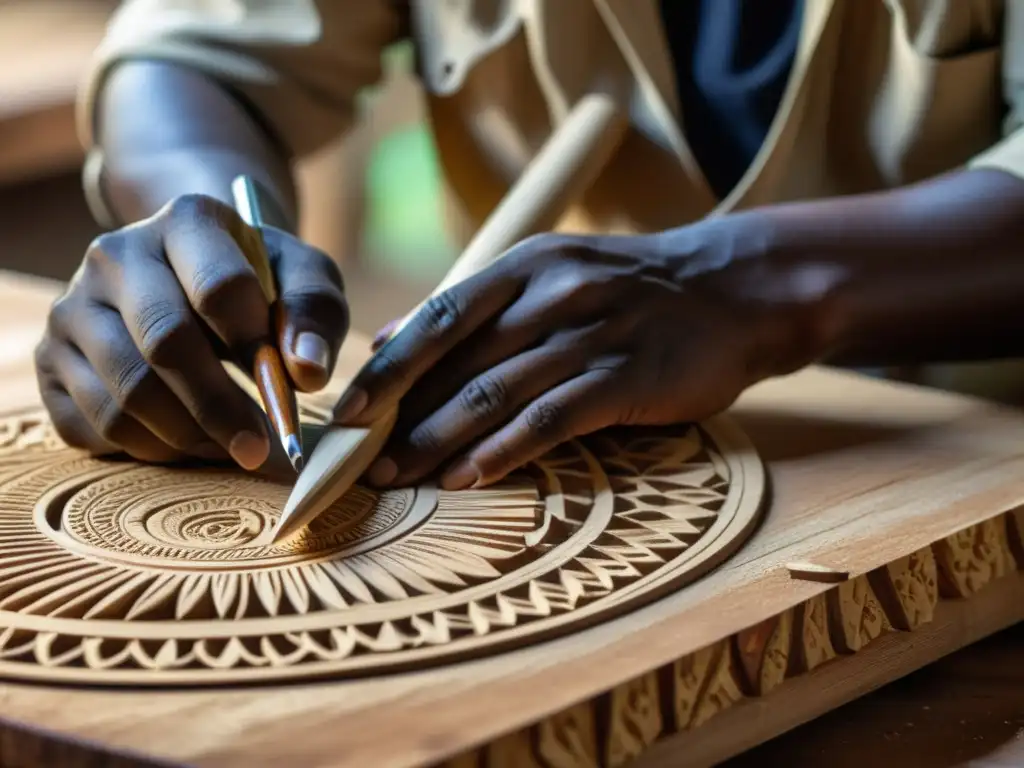 Artesano tallando con precisión el krin de madera, destacando la historia y construcción de este instrumento de sonido africano