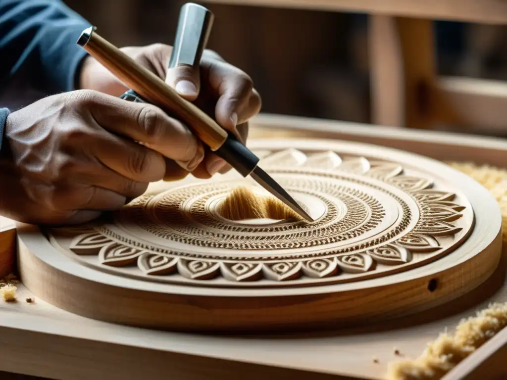 Un artesano hábil talla con precisión la madera para crear el marco de un daf sufí, rodeado de virutas de madera en la cálida luz del taller