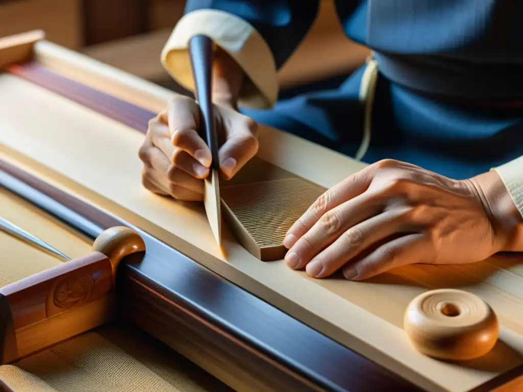 Artesano tallando con precisión la madera para la elaboración tradicional del koto japonés, destacando su dedicación y destreza artesanal