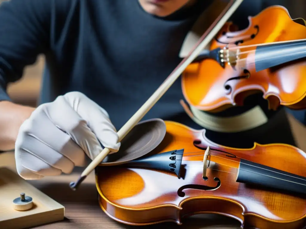 Un artesano restaura con precisión la madera de un violín antiguo, mostrando la delicada conservación de instrumentos musicales históricos