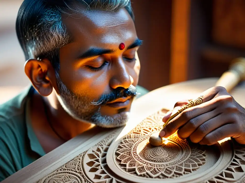 Un artesano tallando con precisión en el mástil de un Surbahar, destacando la historia y sonido del instrumento tradicional indio