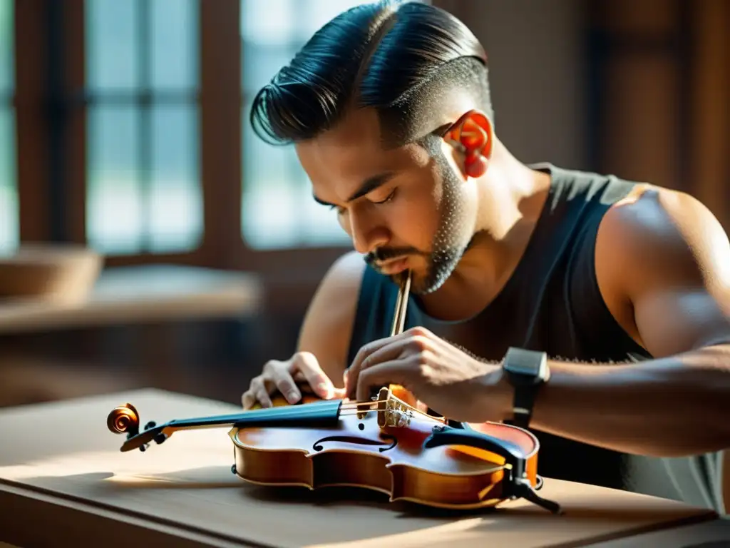 Un artesano moldando con precisión un nuevo material para fabricar un violín moderno, fusionando tradición con nuevos materiales en la fabricación de instrumentos musicales