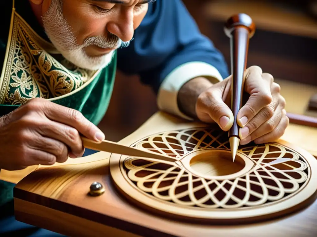 Un artesano luthier talla con precisión una obra de arte en madera, mostrando la influencia cultural en la luthería