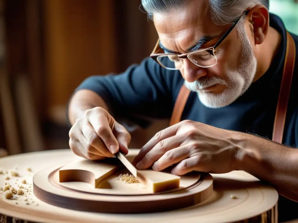 Artesano luthier esculpe con precisión una pieza de madera para violín