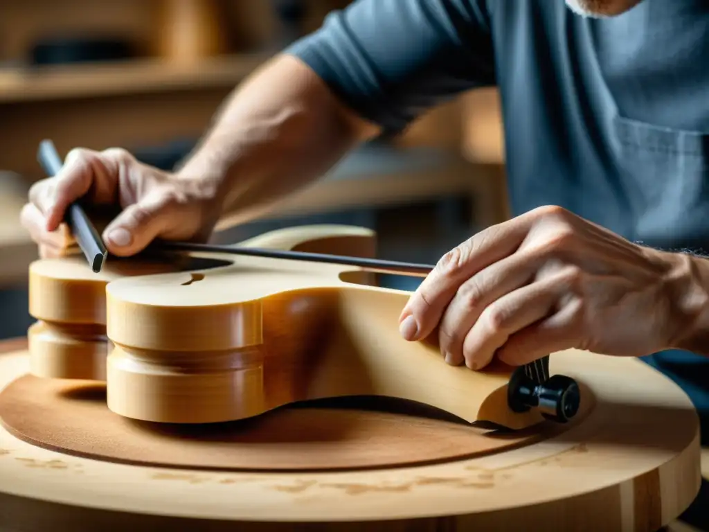 Un artesano tallando con precisión una pieza de madera de arce para crear un violín, mostrando la conexión entre la madera y el sonido de los violines