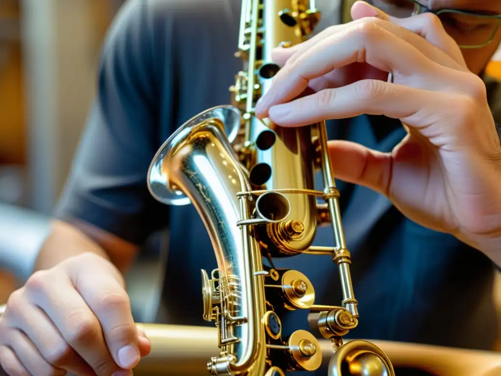 Un artesano hábil ensambla con precisión un saxofón de policarbonato ligero, fusionando tradición y modernidad en un taller luminoso