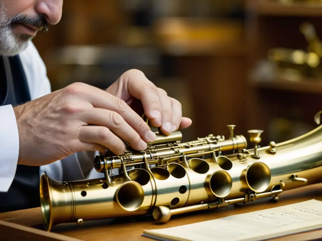 Un artesano ensambla con precisión un saxofón, mostrando las técnicas de construcción del saxofón con maestría y dedicación artesanal