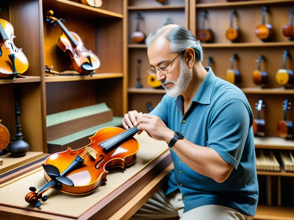 Un artesano restaura con precisión el sonido de un violín centenario, rodeado de instrumentos musicales antiguos y herramientas del oficio, destacando la dedicación y experticia en la restauración sonora de instrumentos musicales antiguos