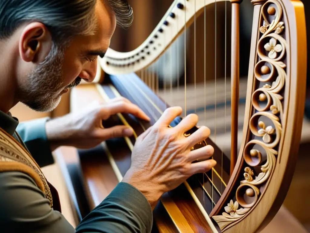 Restauración experta de arpa vintage: manos hábiles, detalles precisos Un artesano restaura con precisión la talla y marquetería de una arpa vintage en su taller, mostrando la delicada restauración de arpas y zithers