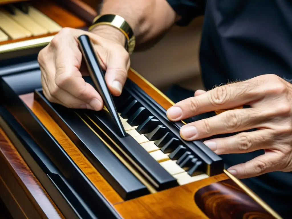 Un artesano esculpe con precisión una tecla de piano en ébano, mostrando la importancia histórica del ébano en la construcción de pianos