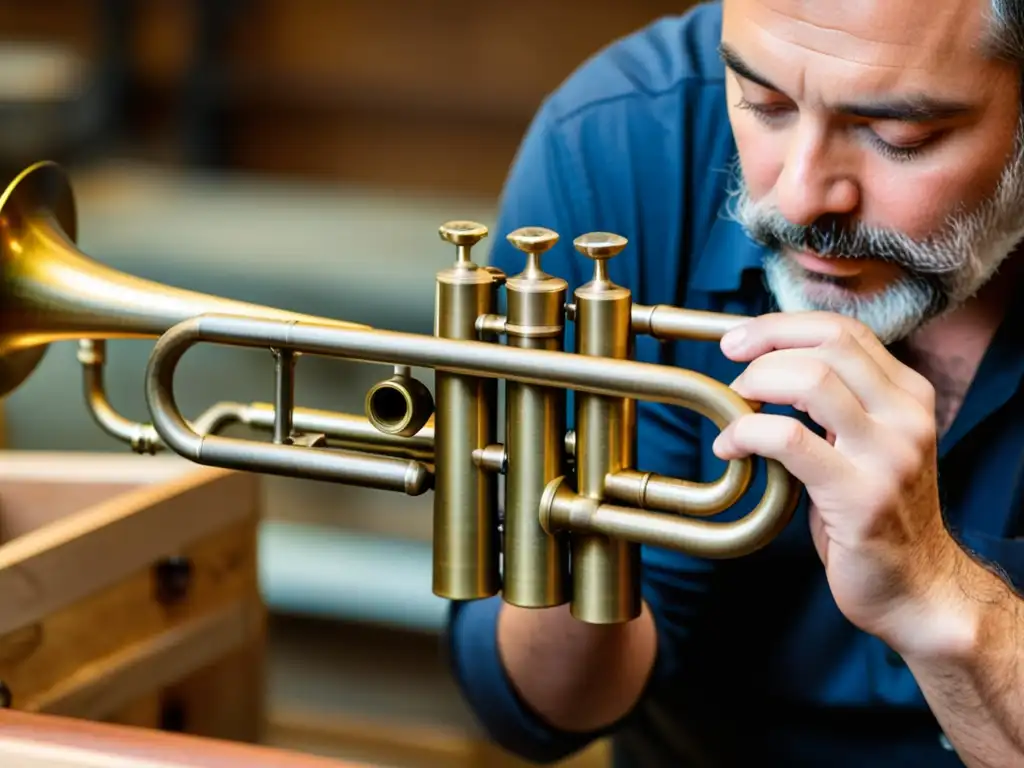 Un artesano hábil ensambla con precisión la trompeta MIDI en un taller lleno de herramientas y materiales, destacando la artesanía y la dedicación