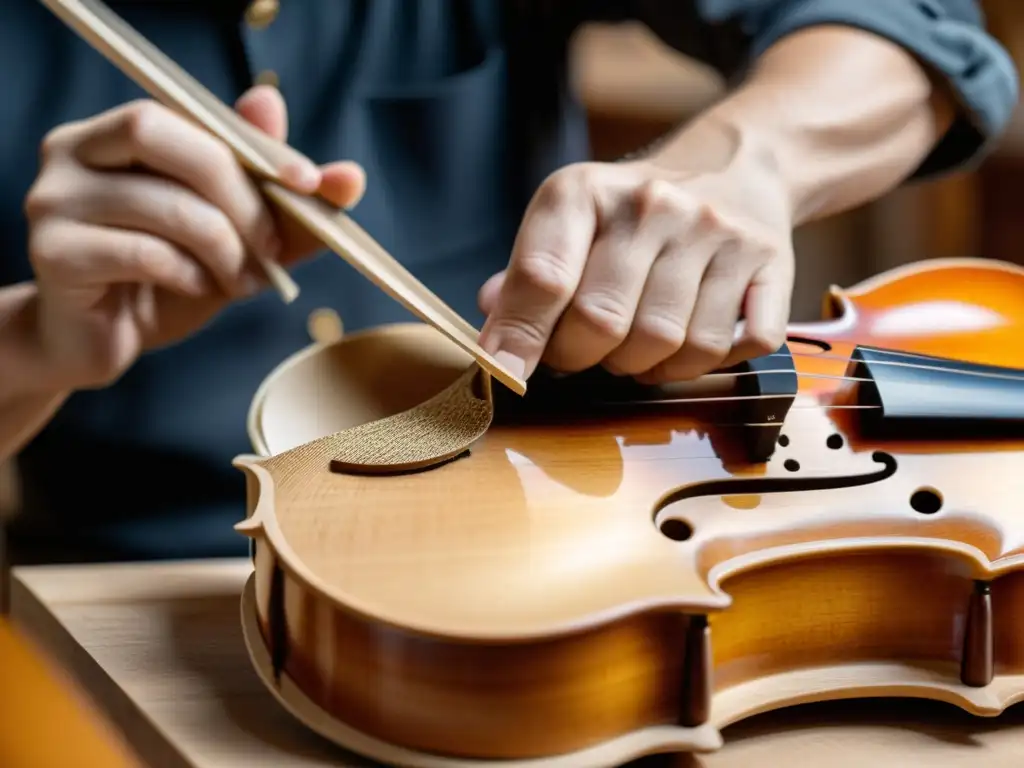 Artesano tallando con precisión una viola de arce, mostrando destreza y pasión por el sonido de los violines