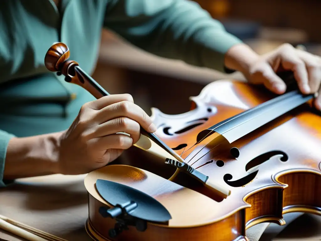 Un artesano restaura con precisión un violín antiguo, resaltando la delicadeza de la restauración de instrumentos musicales históricos