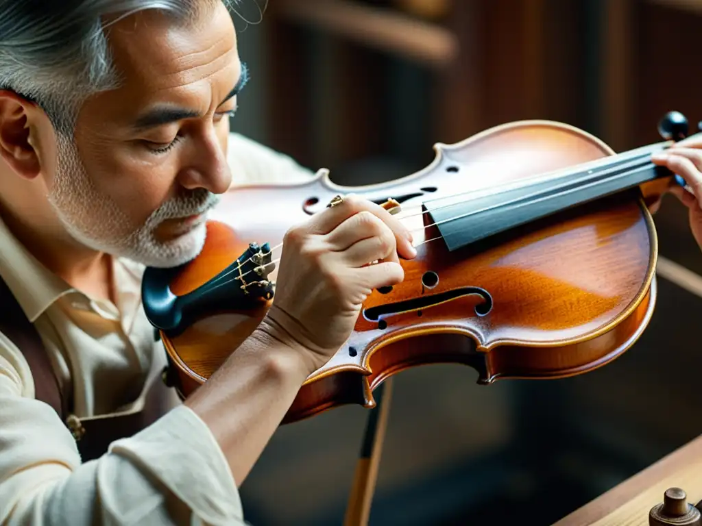 Artesano restaurando con precisión un violín centenario, resaltando la artesanía en la restauración de instrumentos musicales históricos