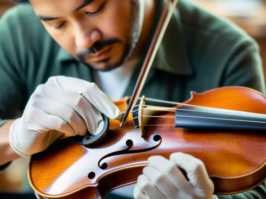 Un artesano restaura con precisión un violín vintage, aplicando cuidadosamente barniz a la superficie del instrumento