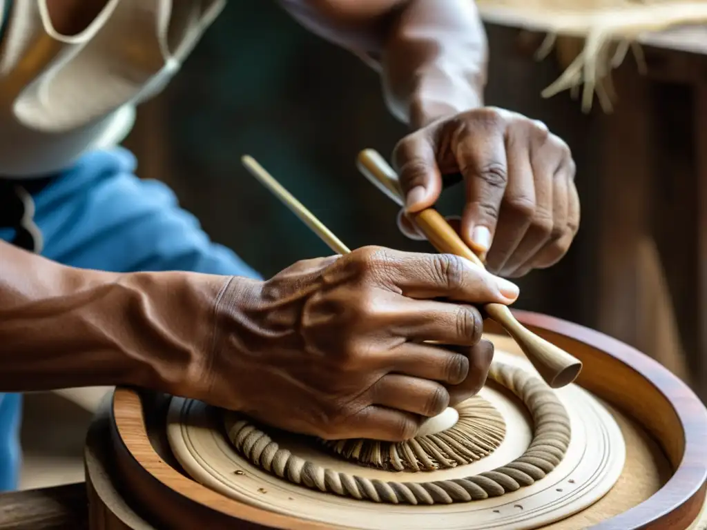 Un artesano puertorriqueño experto moldea con destreza el tiple tradicional, mostrando la autenticidad y la historia del tiple puertorriqueño