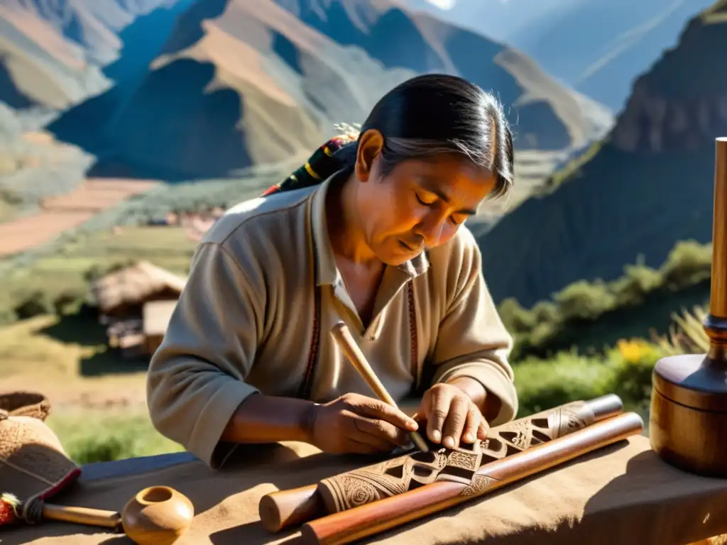 Un artesano tallando una quena andina en un taller montañoso con herramientas y virutas