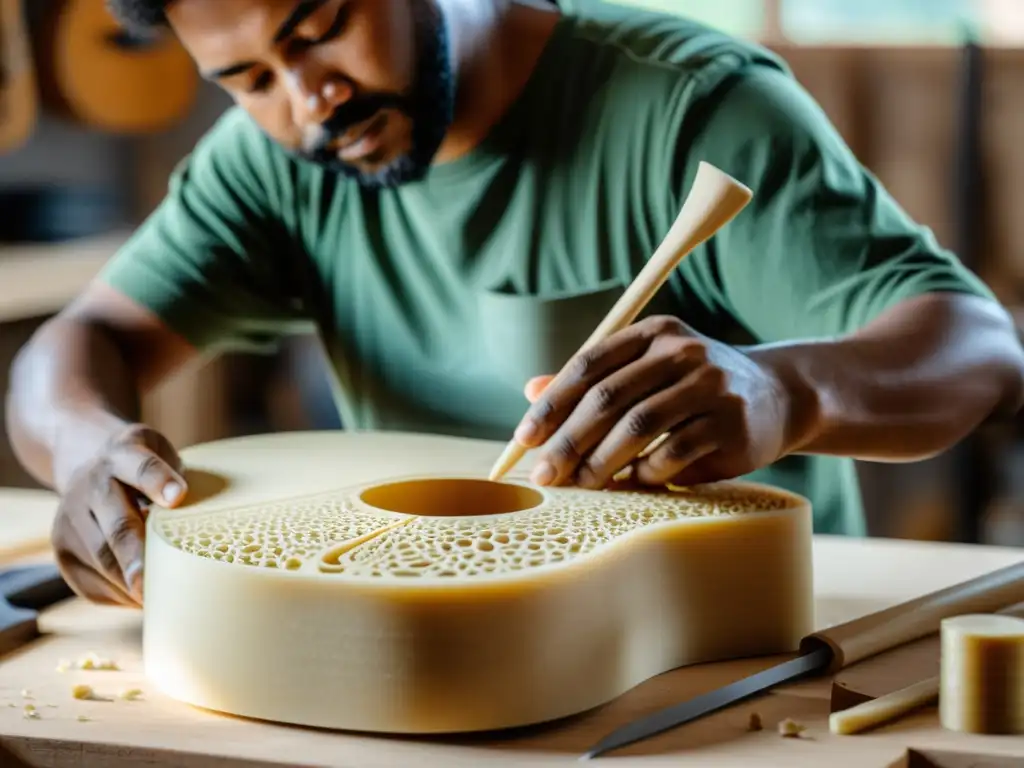 Artesano moldea resinas ecológicas para instrumentos musicales en taller luminoso, destacando técnicas sostenibles