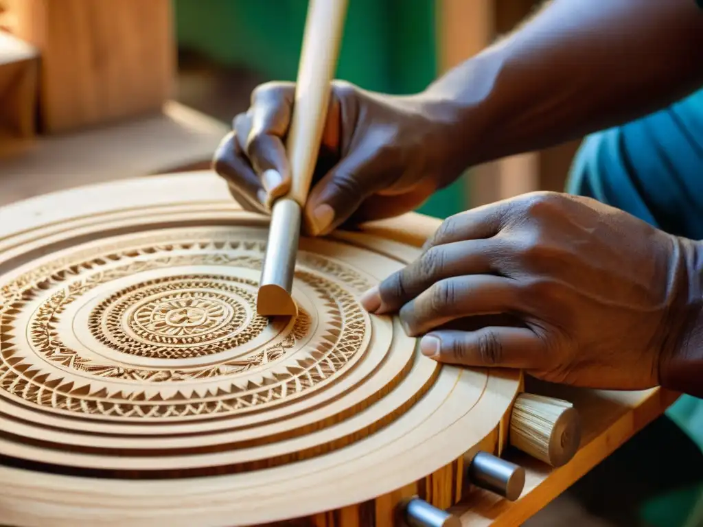 Artesano tallando un balafón: tradición y destreza artesanal Un artesano esculpe con maestría un resonador de balafón, creando texturas y patrones en la madera