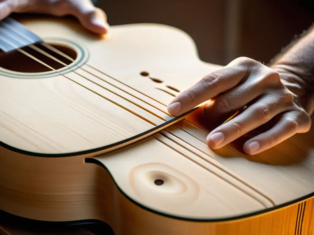 Un artesano luthier esculpe con maestría la resonante historia y sonido de la guitarra acústica en una cálida luz natural