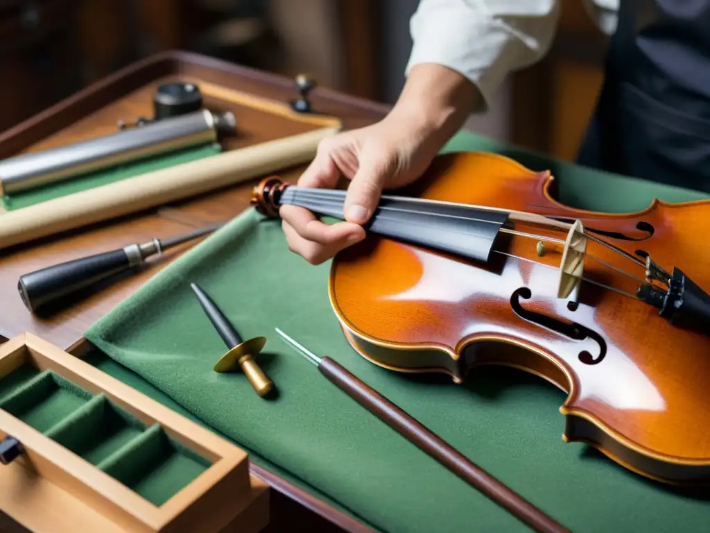 Un artesano restaurador de instrumentos musicales contemporáneos trabaja meticulosamente en los delicados componentes internos de un violín vintage, rodeado de herramientas especializadas y materiales de referencia históricos