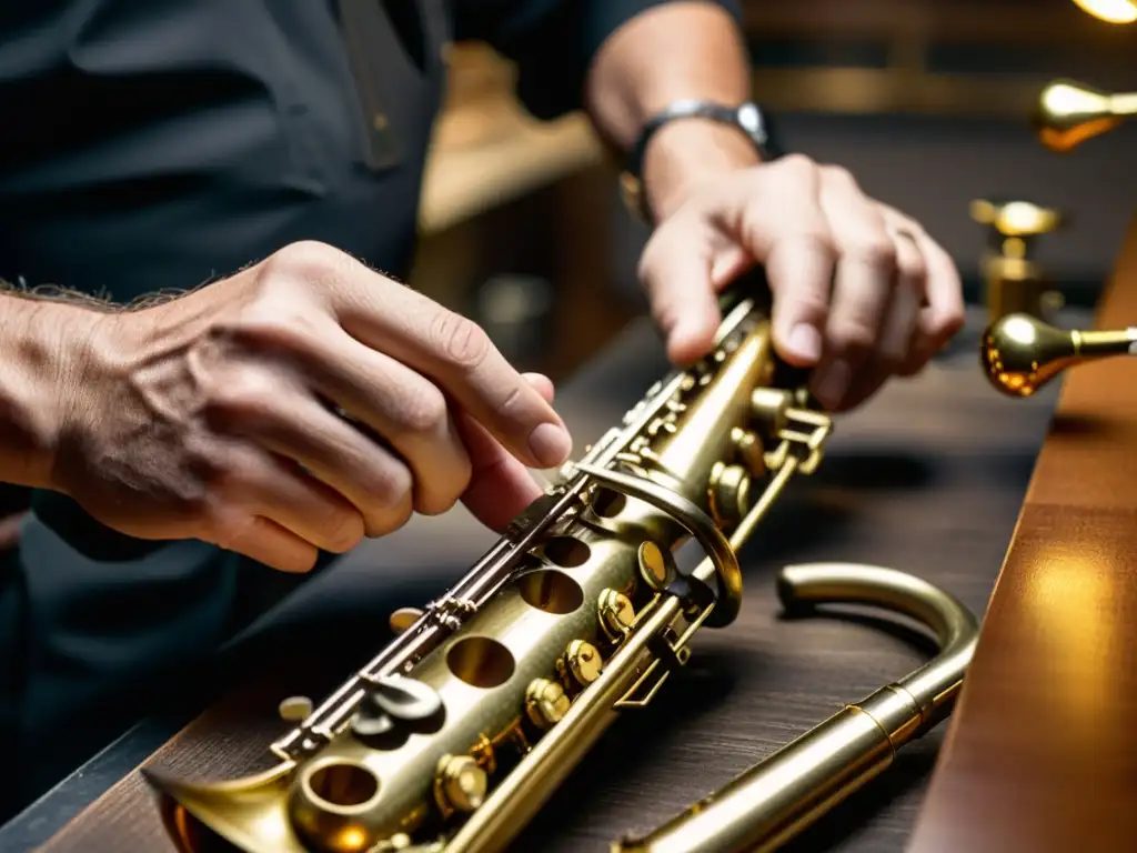 Un artesano del saxofón ensambla con precisión los intrincados mecanismos en un taller atmosférico