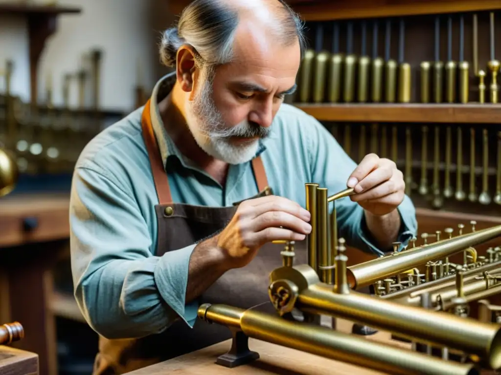 Un artesano del siglo XIX construye con destreza un instrumento de viento de latón, rodeado de herramientas y materiales