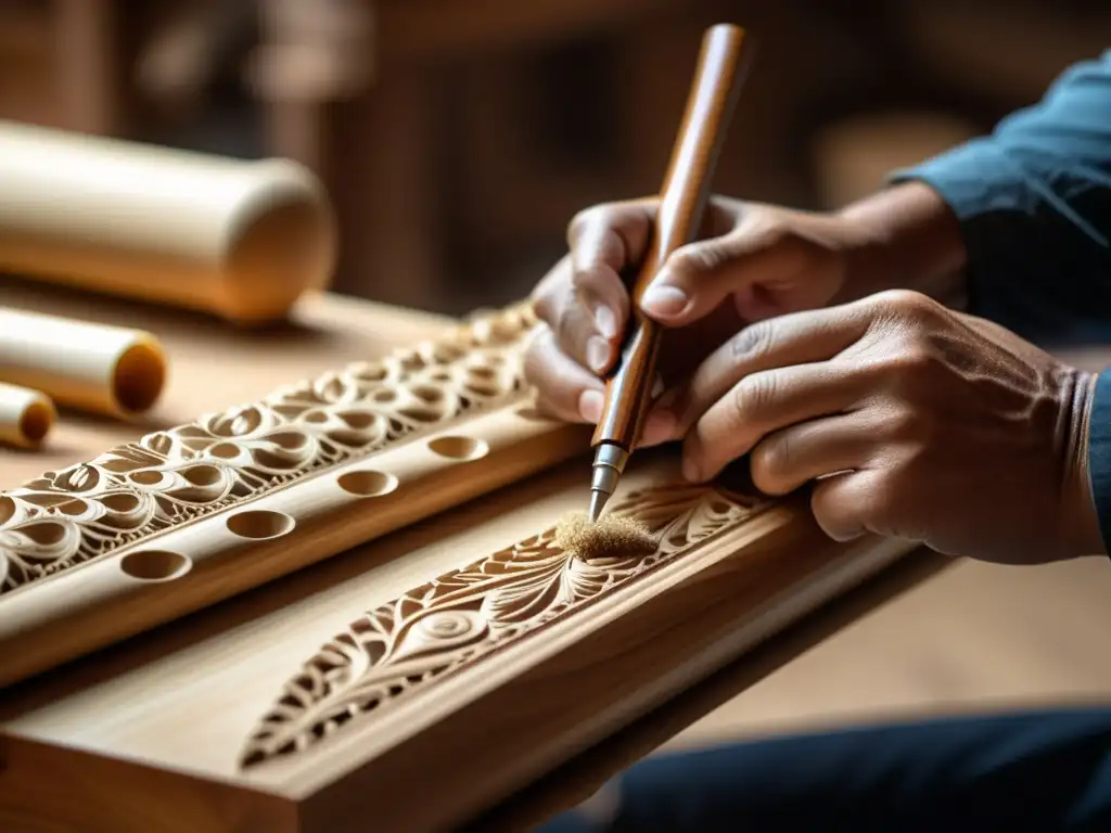 Artesano del siglo XIX tallando flauta de madera con destreza y dedicación, destacando la artesanía tradicional