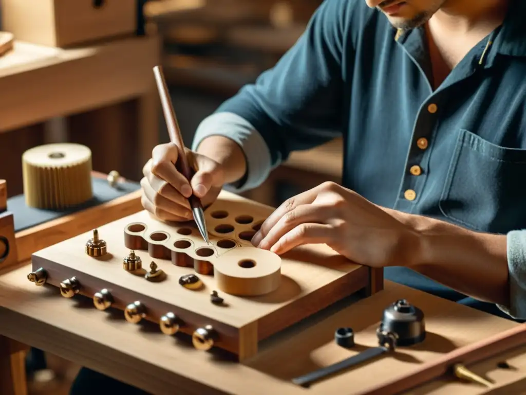 Un artesano integrando sistemas de audio en instrumentos acústicos con maestría en un taller iluminado, preservando la tradición con innovación tecnológica