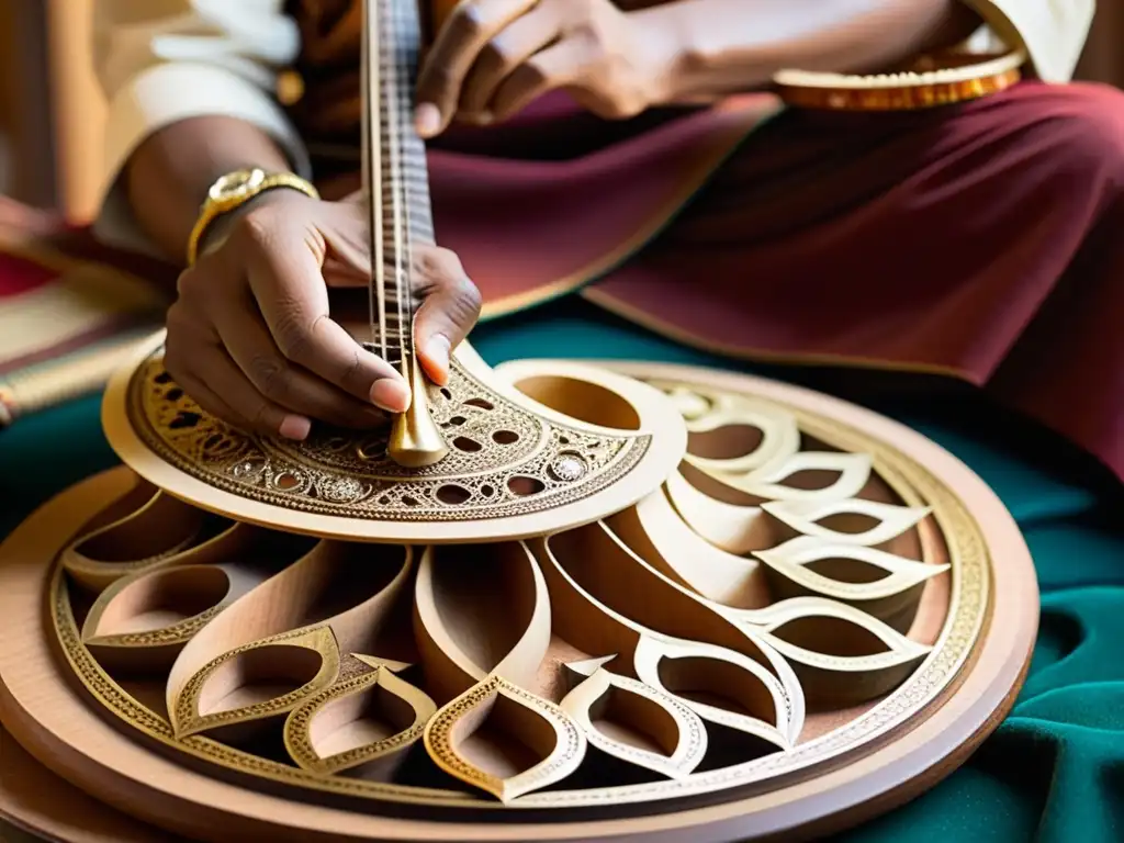 Un artesano sitarí meticuloso talla diseños delicados en el mástil del sitar, rodeado de herramientas especializadas