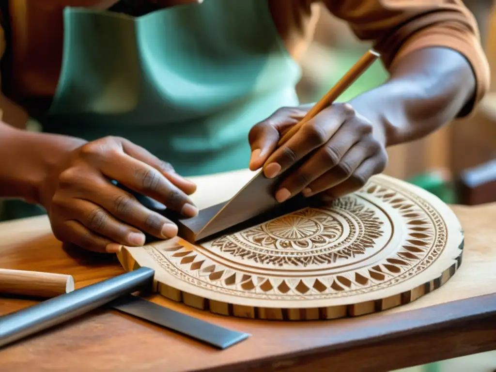 Artesano suramericano tallando con esmero un charango en madera, reflejando tradición y destreza