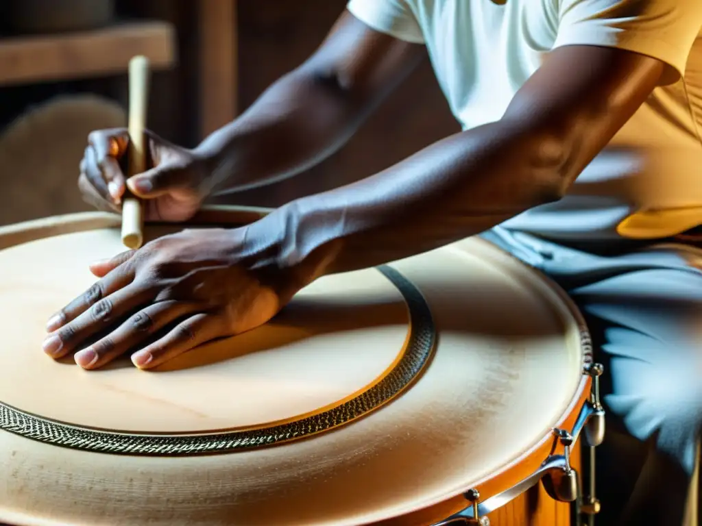 Un artesano hábil construye un surdo brasileño con esmero, destacando el proceso detallado y la tradición