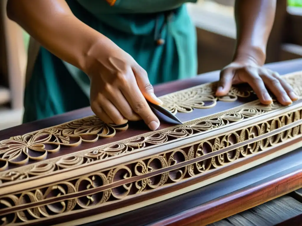 Un artesano tailandés talla con maestría un tambor klong yao, mostrando el origen y construcción del instrumento tradicional tailandés