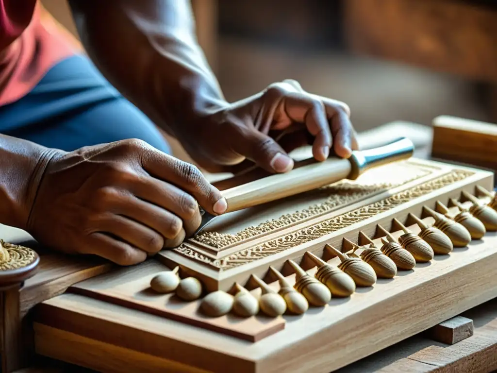 Un artesano tailandés esculpe con precisión las teclas de un ranat tailandés, destacando la artesanía y la cultura del instrumento