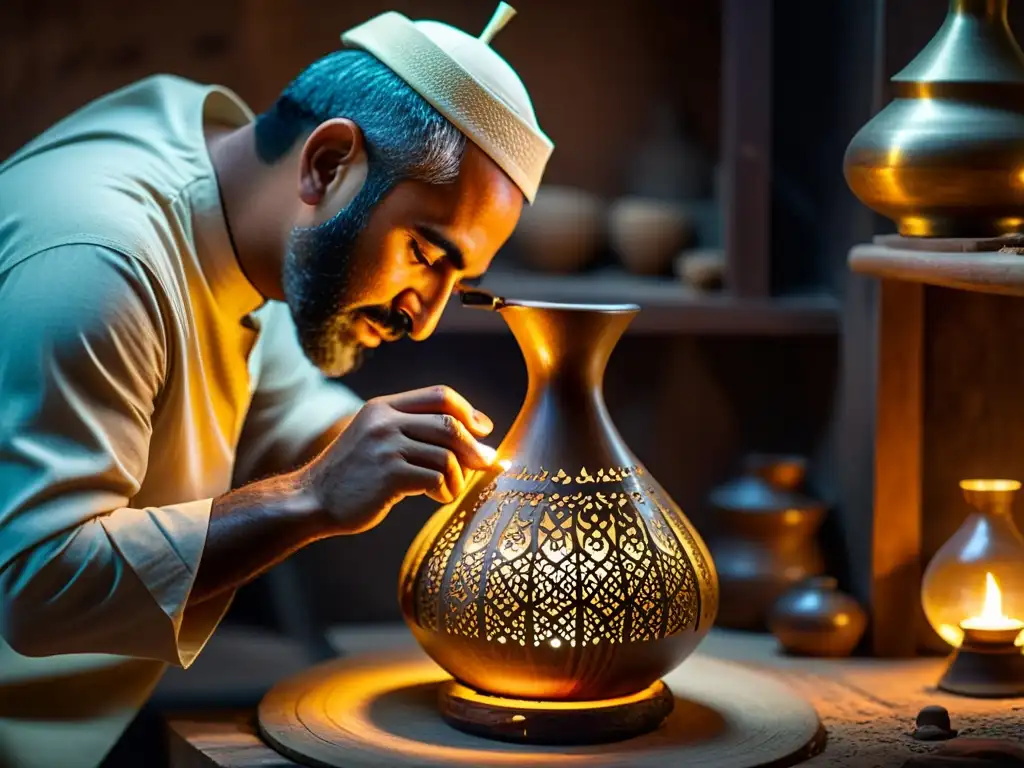 Un artesano talla con maestría un antiguo oud árabe en un taller iluminado por una cálida lámpara