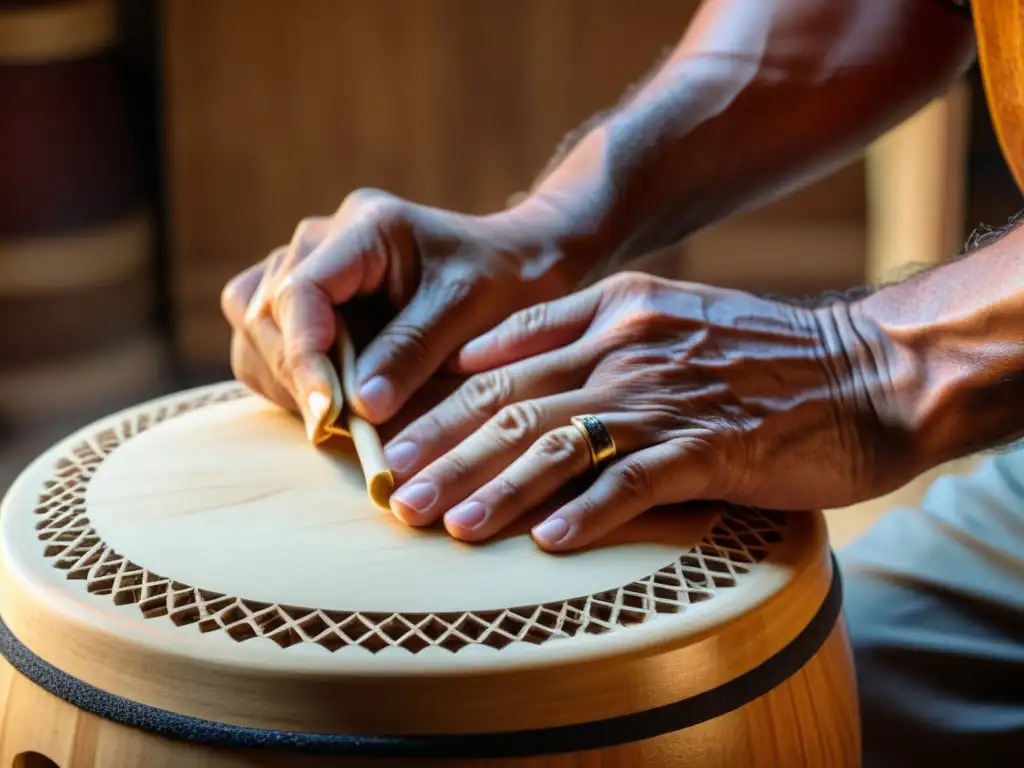 Un artesano talla y lija un cajón flamenco, resaltando la madera y la fusión de nuevos materiales para un sonido auténtico y moderno