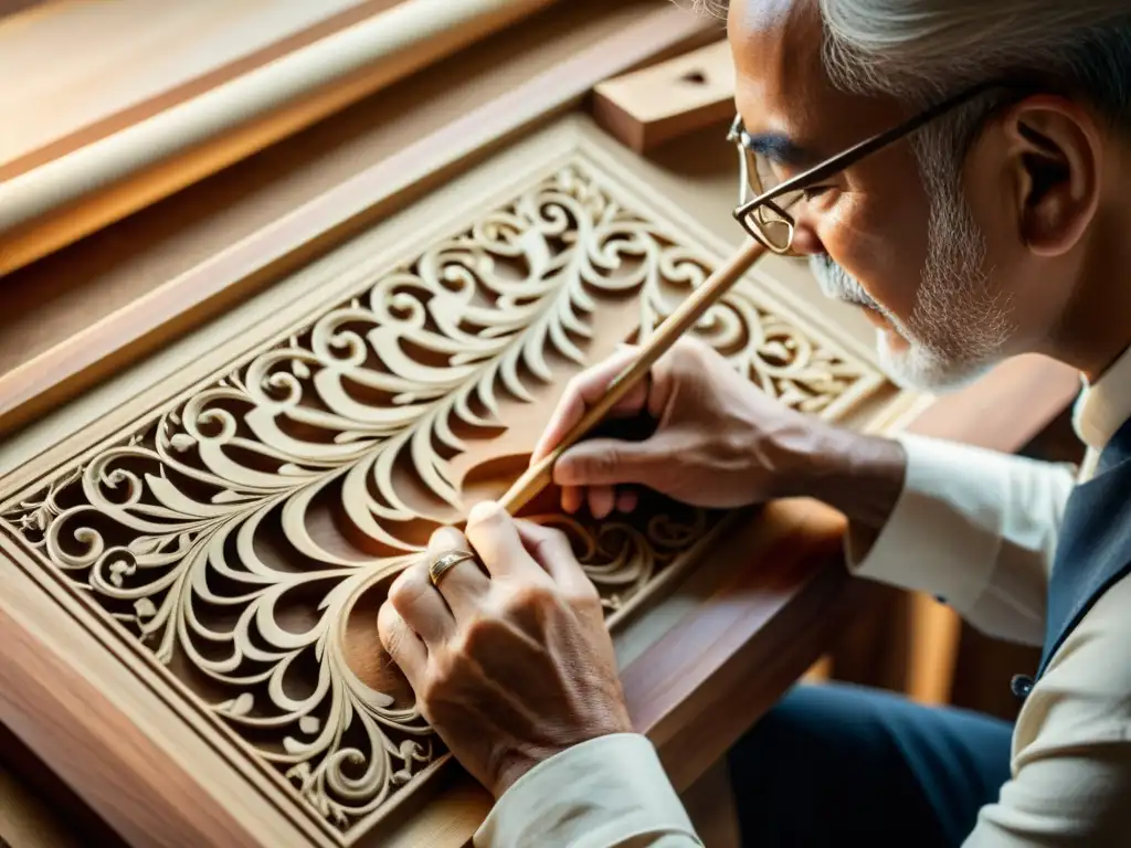 Un artesano talla con maestría un clavicordio en su taller, destacando la precisión y la belleza del instrumento de época