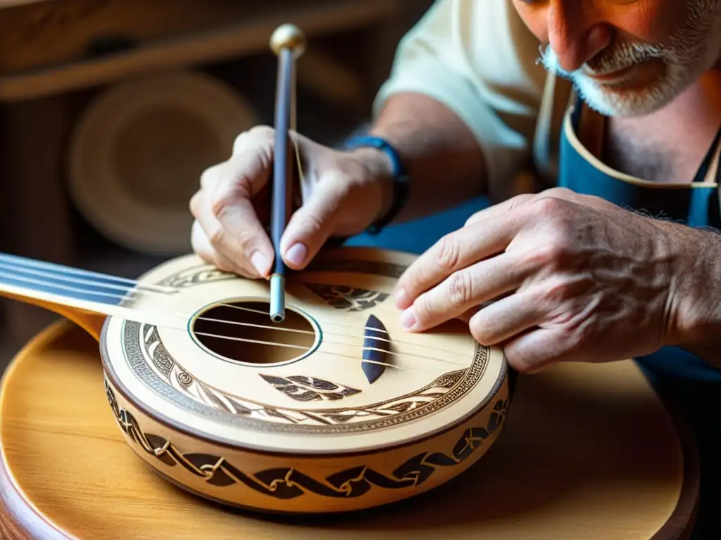 Un artesano talla con cuidado un bouzouki griego antiguo, con luz cálida iluminando los detalles